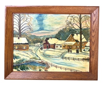 ORIGINAL AMERICAN FOLK ART WINTER LANDSCAPE FRAMED PAINTING SIGNED