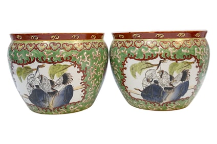 PAIR OF CHINESE FAMILLE VERTE PORCELAIN JARDINIERES