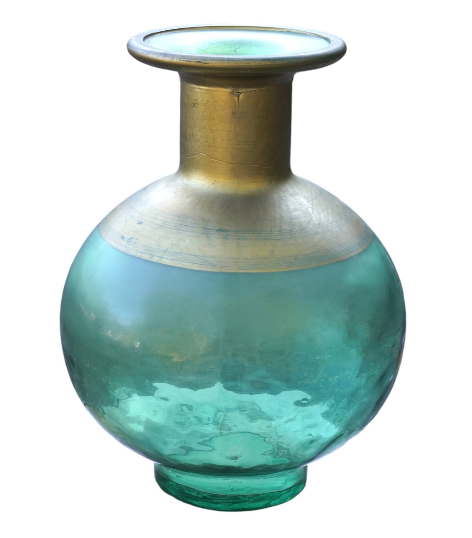 HAND BLOWN GLASS VASE FROM SPAIN 14": Large Hand Blown Glass Vase with gilt trim from Spain. 8.5"x8.5"x14". Weight 6 lbs 2 oz.