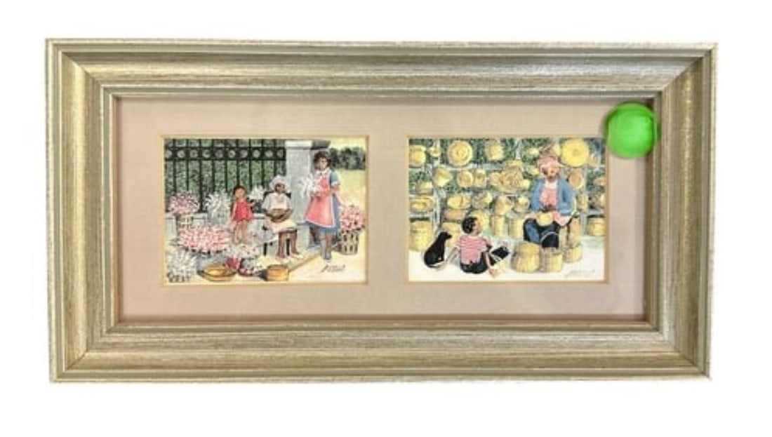 3 GENERATIONS FLOWER & BASKET LADIES: 3 Generations.Flower Ladies and Basket Weavers by Charleston Artist Bonnie Holden. Professionally framed. In frame 9"x4.5"x1". Weight 10 oz