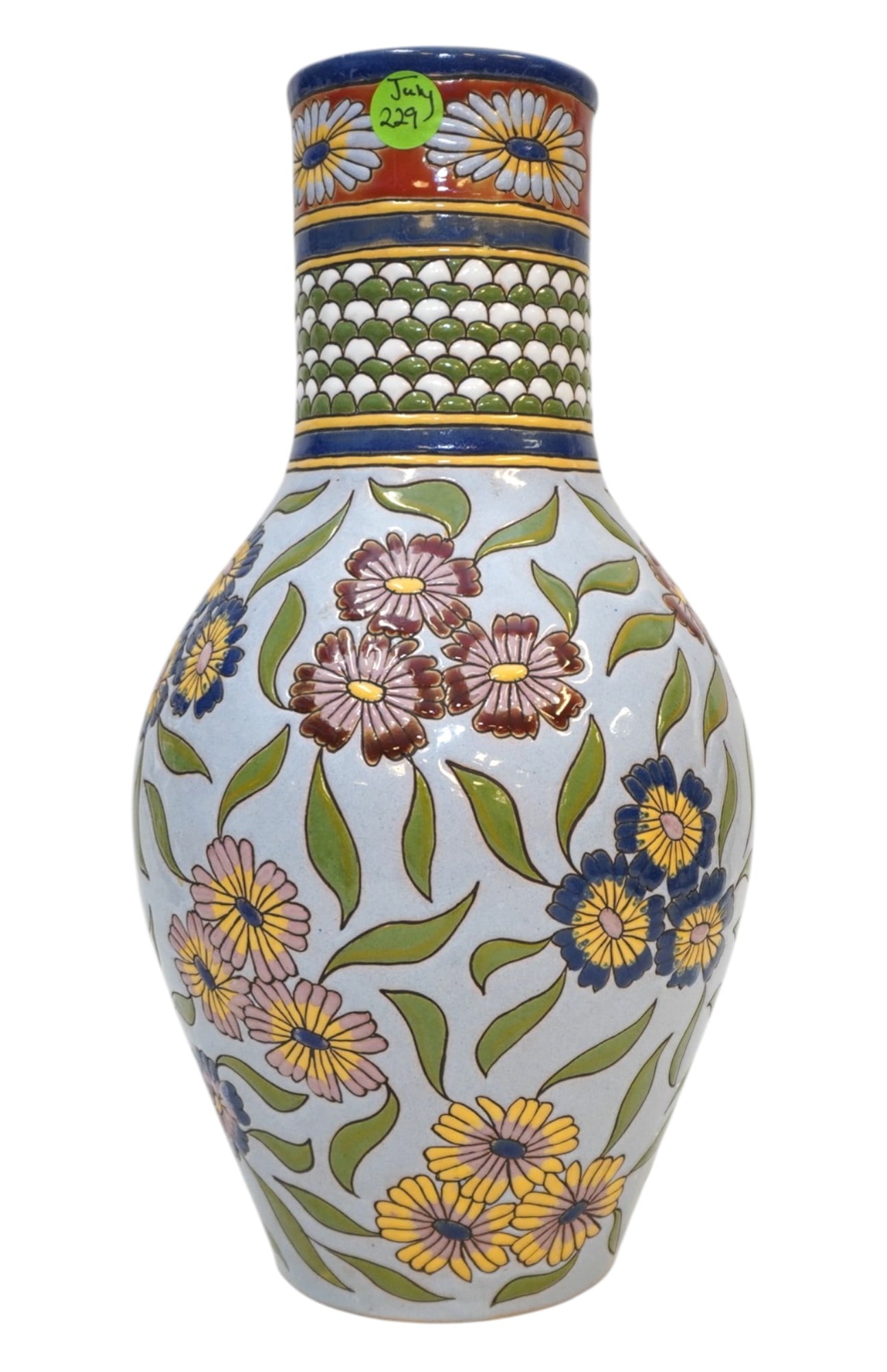 TALL CUARTERO POTTERY VASE SPAIN: Tall Cuartero Pottery Hand Painted Vase. Measures 6"x6"x13.5". Weight 3 lbs 8 oz.