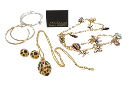 JOAN RIVERS JEWELRY PIECES - NOAHS ARK CHARM NECKLACE, FABERGE EGG NECKLACE, AND EARRINGS