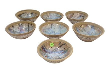 7 MID CENTURY STYLE STONEWARE POTTERY BOWLS.