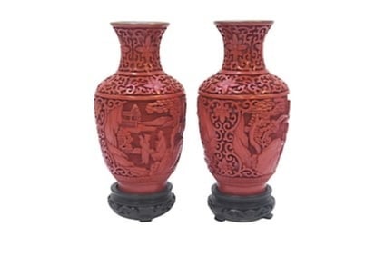 MATCHED PAIR CINNABAR LACQUER & ENAMEL VASES