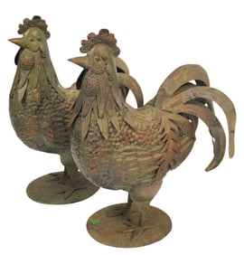 VINTAGE METAL ROOSTERS- A PAIR