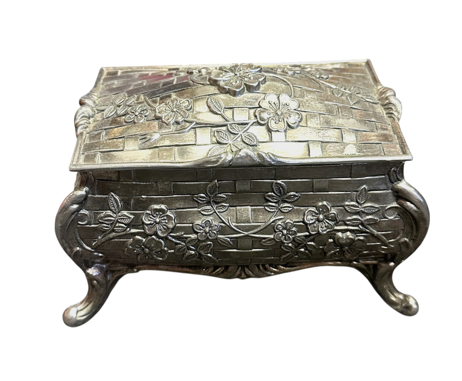 VINTAGE JAPANESE PEWTER FOOTED JEWELRY/ TRINKET BOX: This elegant vintage ornate jewelry box adorned with plum blossoms and leaves, and made in Japan in the 1960?s. The footed box is made of metal in a pewter style tone and it features a lovely rich rai