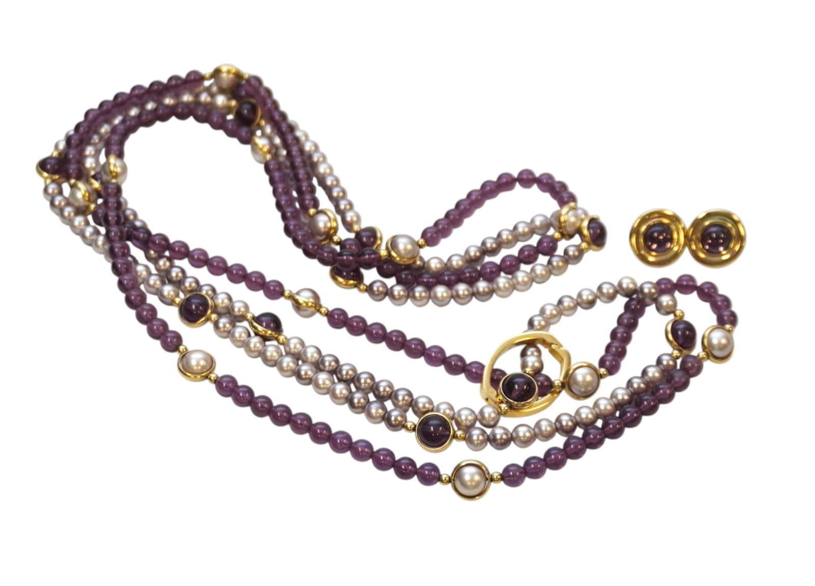 JOAN RIVERS GRAPE AND PEARL BEAD NECKLACES AND EARRINGS: Joan Rivers Grape Bead and Pearl Necklaces and Earrings. Comes in Box which measures 3.75" x 3.75" x 1.5" and weighs 3.5 oz.
