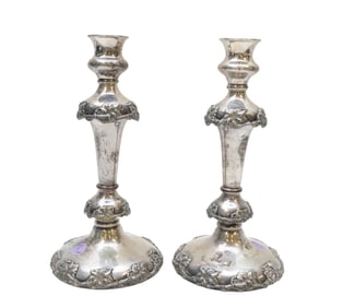 ANTIQUE ORNATE ENGLISH SILVERPLATE CANDLESTICKS