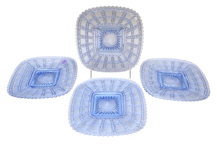 4 1930 ICE BLUE GLASS LUNCHEON PLATES BEADED BLOCK