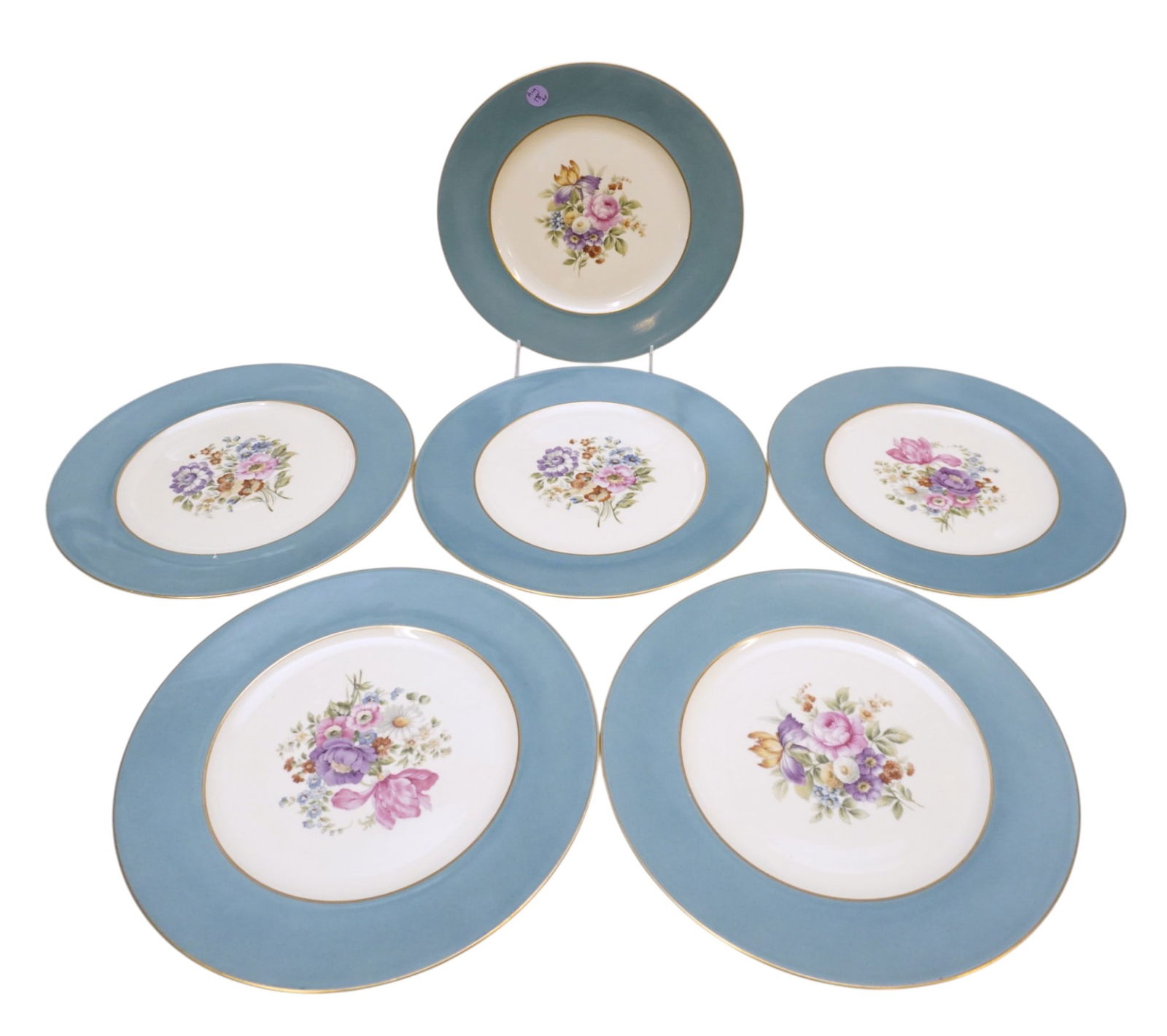 6 HUTSCHENREUTHER CROWN LION IVORY SERVICE PLATES: Six (6) Vintage Hutschenreuther Crown Lion Ivory Dinner Plates. Teal Blue Border with Floral Bouquet Center and Gilt Trim. Each 11"x11". Weight 8 lbs