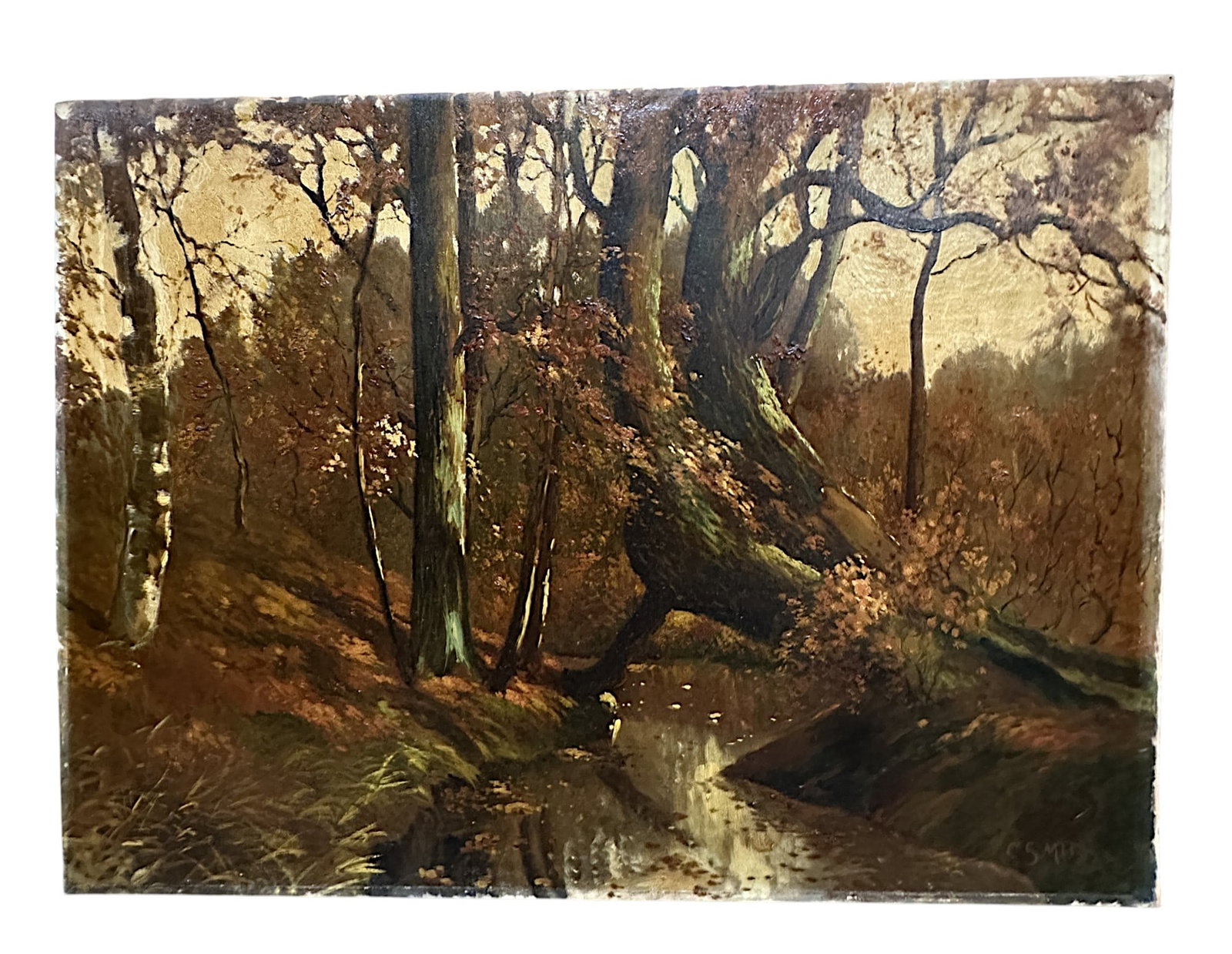 C SMIT ANTIQUE DUTCH OIL LANDSCAPE: C. Smit (Dutch, early 20th c.) Original Oil Landscape. Unframed measures 35" x 27" x 2", weighs 5 lbs 9 oz. Provenance: Gippy Plantation, Avenue of Oaks, Berkeley County, SC. Originally purchased at N