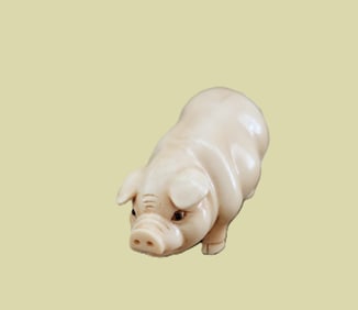 JAPANESE CARVED OKIMONO PIG SIGNED