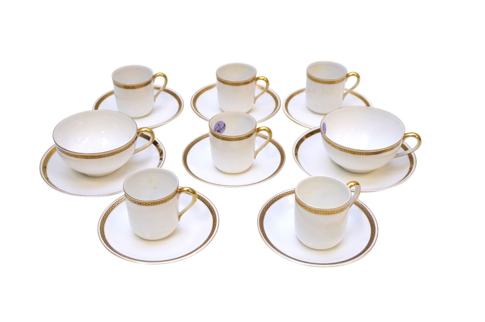 VINTAGE 1920s NORITAKE THE CRETE DEMITASSE +: Sixteen (16) Pieces of Antique 1921 Noritake The Crete China. The Elegant Pattern features Black Greek Key On Gold Band, Gold Trim. 6 Demitasse Cups and 6 Saucers and 2 Flat cups and 2 Saucers. Saucer