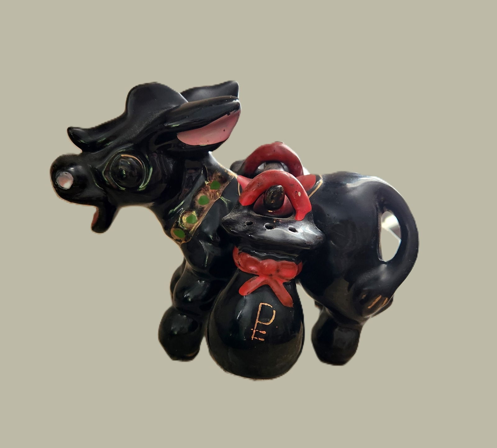 VINTAGE JAPANESE REDWARE DONKEY SALT & PEPPER: Vintage 1940-50s Japanese Redware Donkey Salt & Pepper Set. Measures 6 1/2"x4 1/4"x5". Weight 12 oz