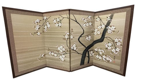 VINTAGE JAPANESE HAND PAINTED 4 PANEL SCREEN CHERRY BLOSSOMS