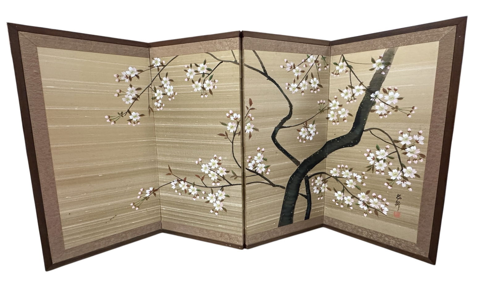 VINTAGE JAPANESE HAND PAINTED 4 PANEL SCREEN CHERRY BLOSSOMS (1 of 4)