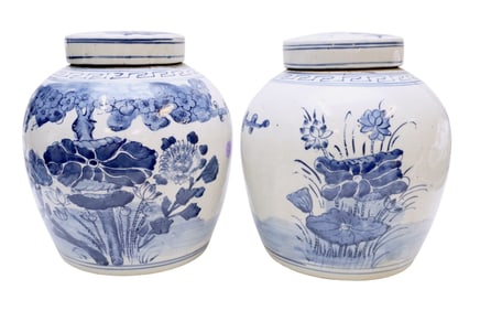 2 LARGE ANTIQUE BLUE AND WHITE GINGER JARS