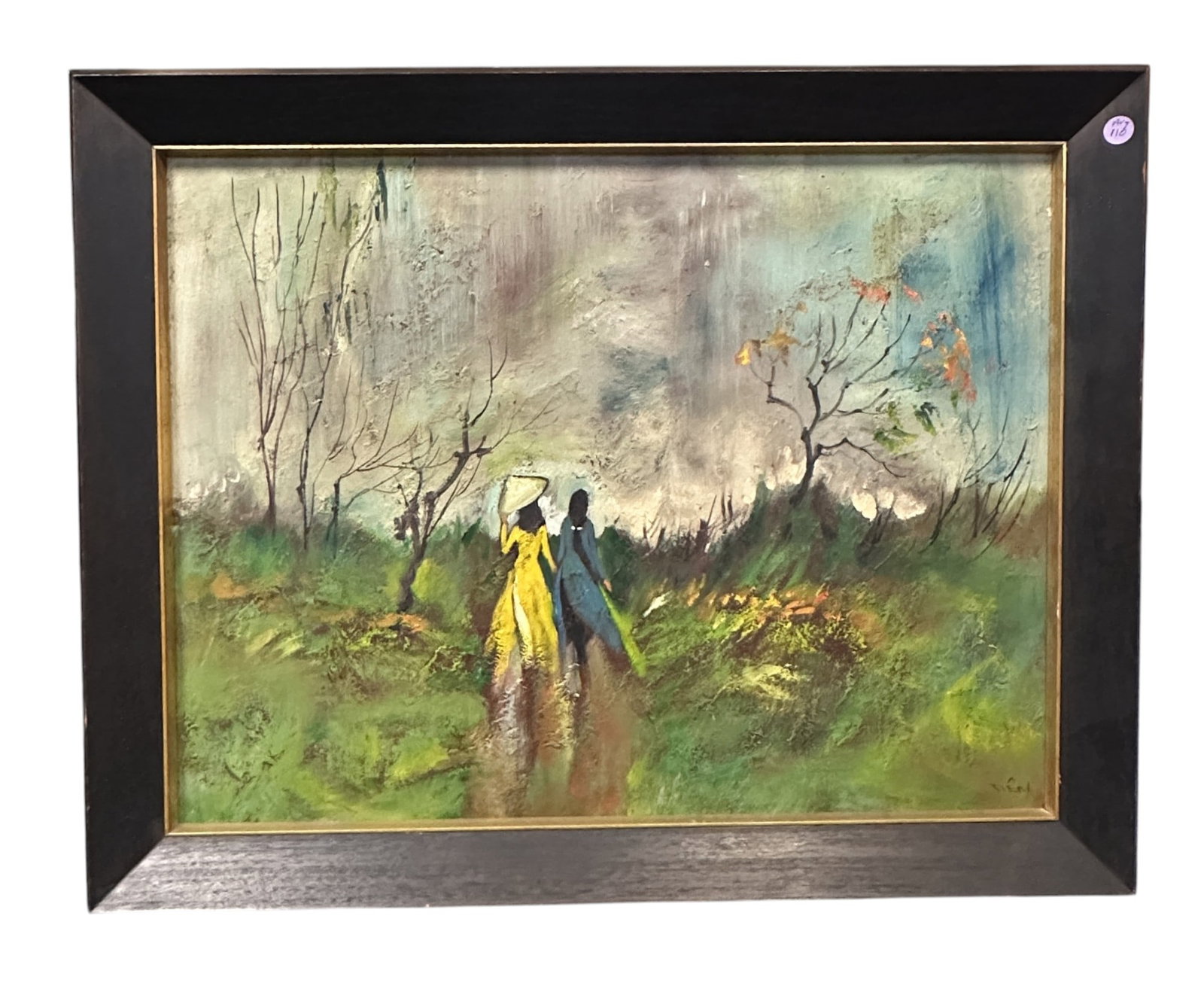MCM ASIAN OIL PAINTING SIGNED TIEN: Mid Century Framed Asian Women Painting signed Tien. Measures 29"x23"x2". Weight combined 5 lbs 4 oz.