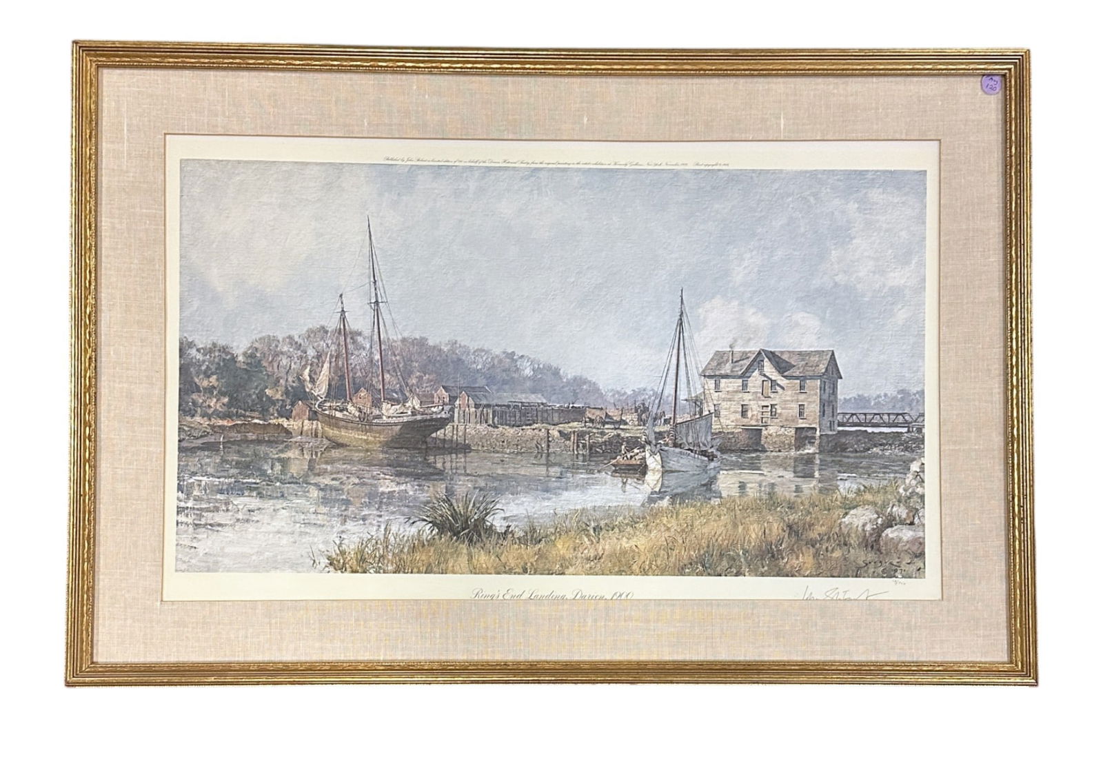 JOHN STOBART SIGNED LTD ED RING'S END LANDING: John Stobart (1929-2023) is a British maritime artist known for his paintings of American harbour scenes during the Golden Age of Sail. Professionally framed and matted. In frame 38"x27"x1". Weight 9