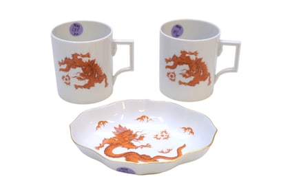 3 PC MEISSEN MING RED DRAGON PORCELAIN