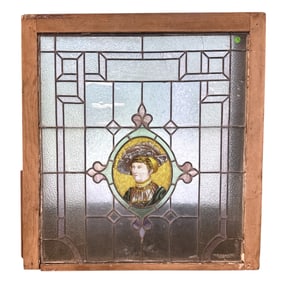 ANTIQUE LEADED STAINED GLASS WINDOW PORTRAIT MEDALLION