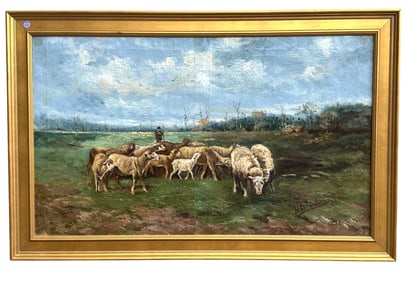 LARGE 19TH C PASTORAL SHEEP OIL ON CANVAS