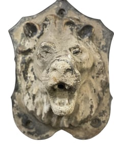 LARGE WEATHERED STONE LION HEAD FOUNTAIN SPOUT