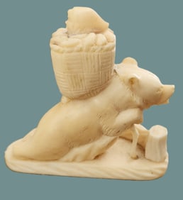 INUIT HAND CARVED BEAR WITH BASKET WALRUS FOSSIL