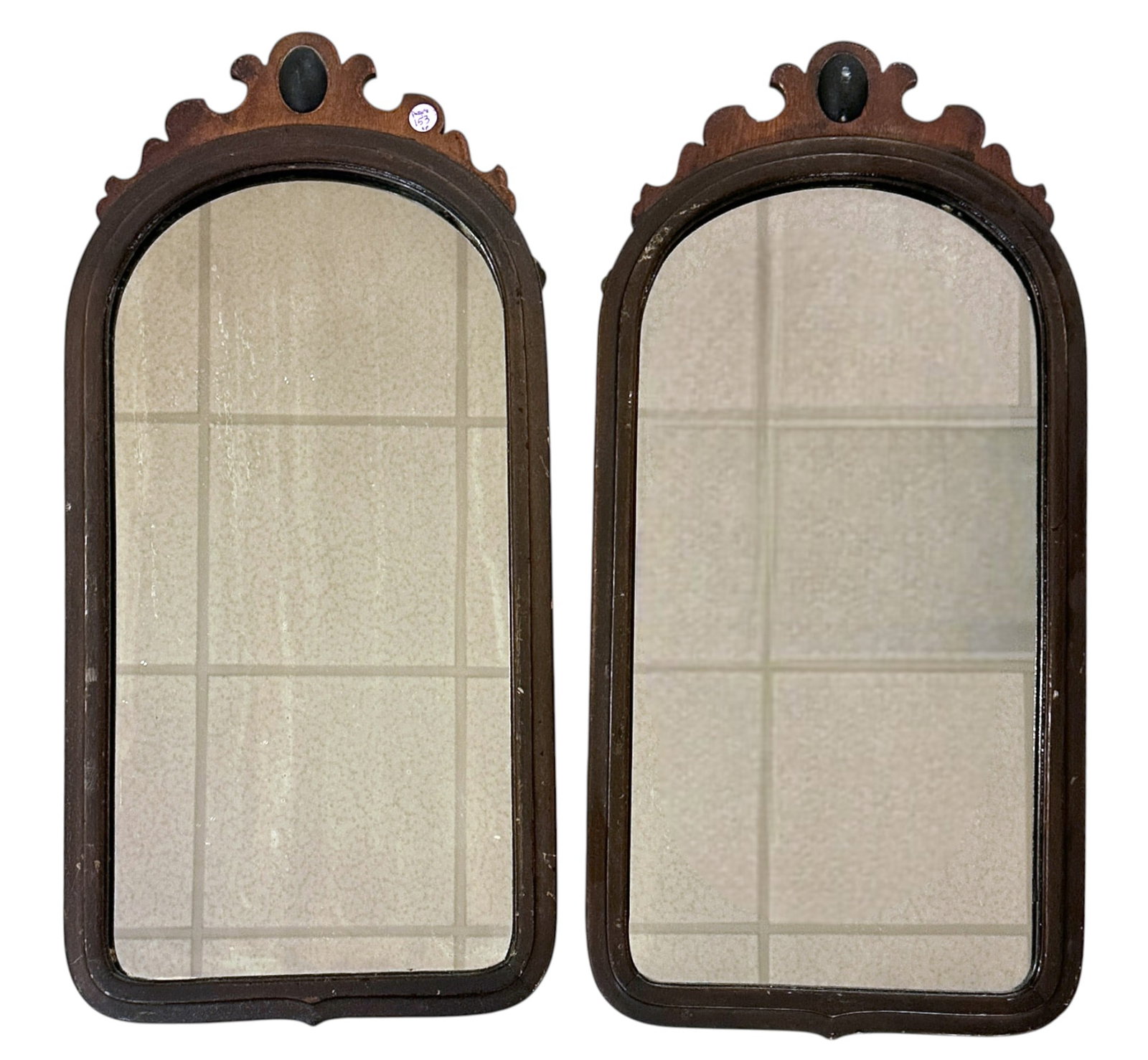 MATCHED PAIR OF EASTLAKE VICTORIAN MIRRORS: Matched pair of Victorian Eastlake Mahogany Mirrors. Each 13 1/2"x29"x1". Weight combined 9 lbs. PROVENANCE: Willtown Plantation, Willtown Bluff, Adams Run SC