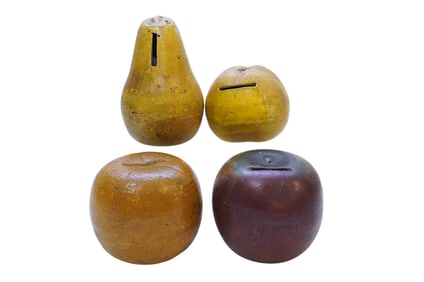 4 COLD PAINTED REDWARE FRUIT BANKS