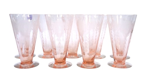 9 RARE TIFFIN-FRANCISCAN CLASSIC PINK ETCHED ICED TEA GLASSES