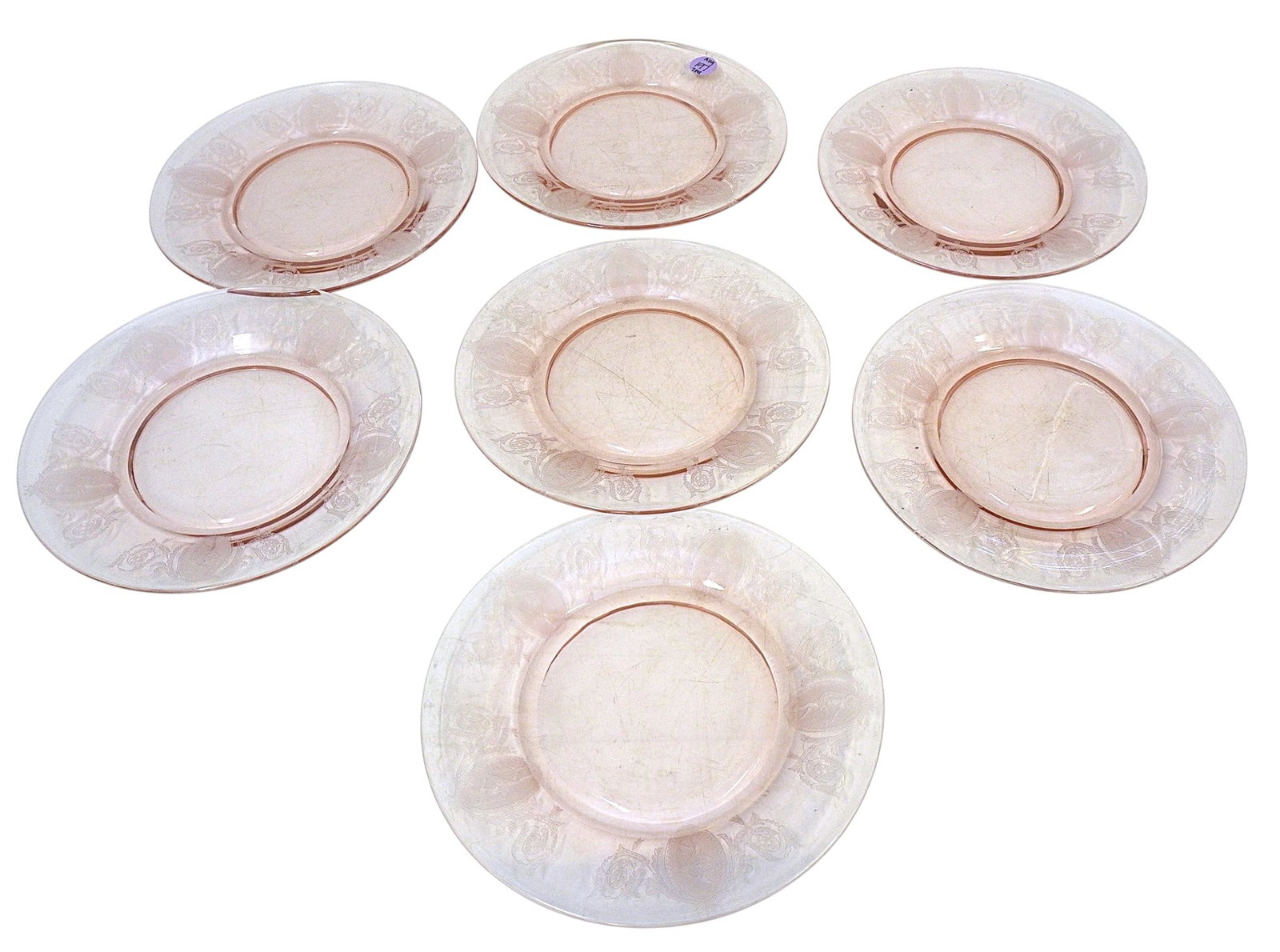7 RARE TIFFIN-FRANCISCAN CLASSIC PINK ETCHED LUNCHEON PLATES: 7 Rare Tiffin-Franciscan Classic Pink Etched Luncheon Plates. Each measures 8 1/8 in in dia. Total lot weight is 5 lbs 2 oz.