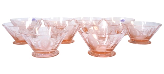 10 RARE TIFFIN-FRANCISCAN CLASSIC PINK ETCHED SHERBET CUPS