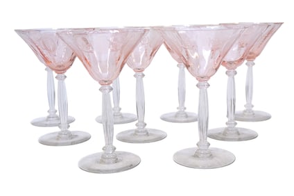 9 RARE TIFFIN-FRANCISCAN CLASSIC PINK ETCHED CHAMPAGNE GLASSES