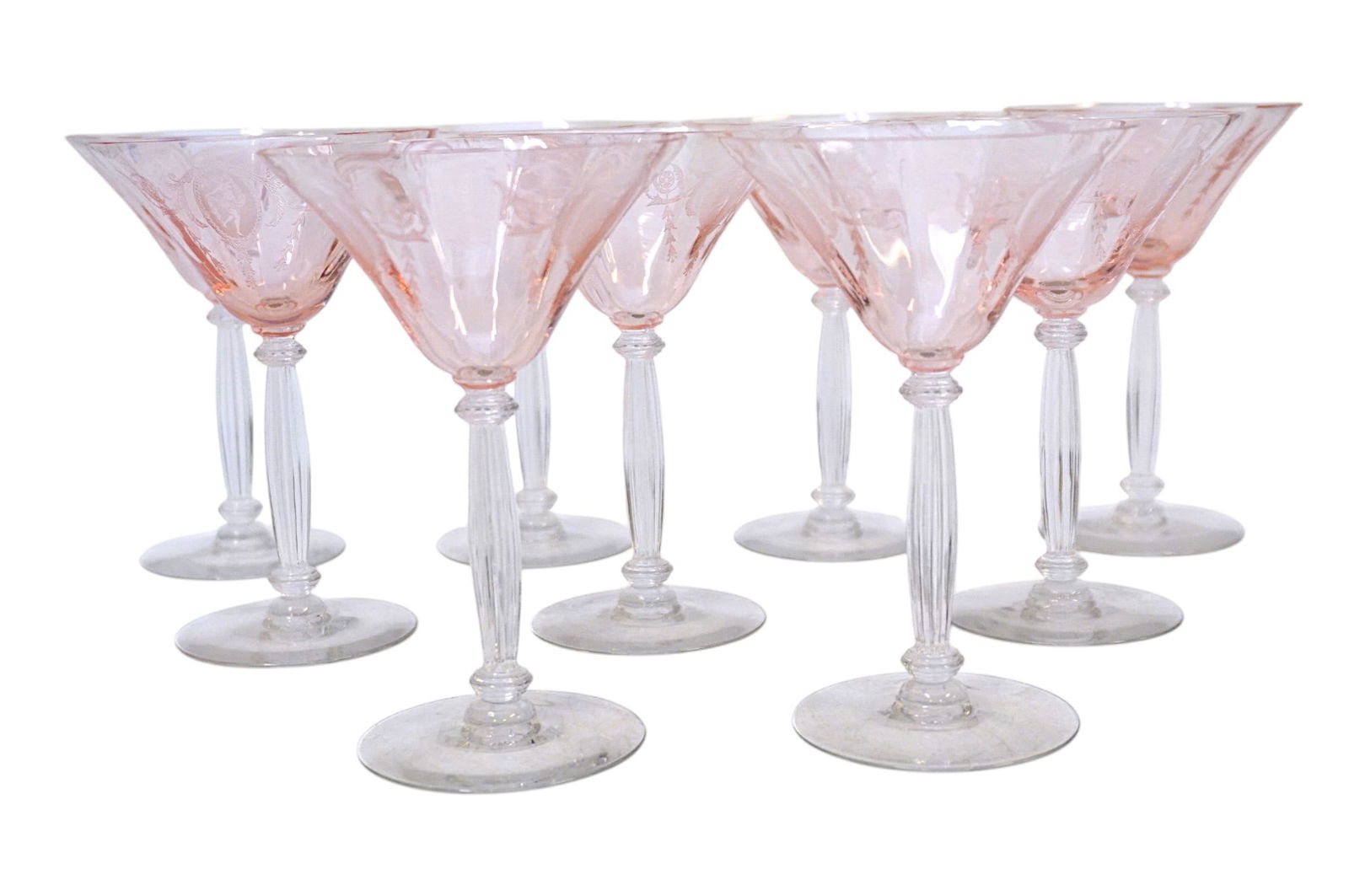 9 RARE TIFFIN-FRANCISCAN CLASSIC PINK ETCHED CHAMPAGNE GLASSES (1 of 3)