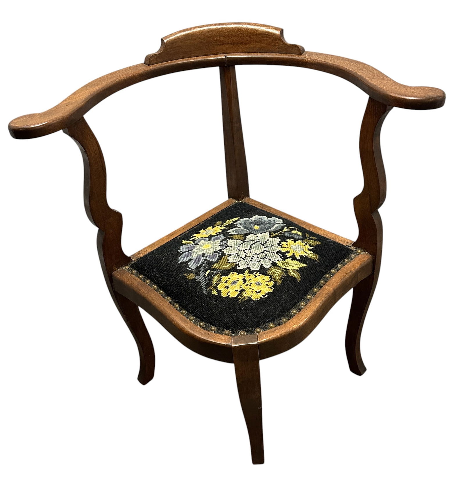 CORNER CHAIR NEEDLEPOINT SEAT: Vintage / Antique Corner Chair with needlepoint seat. Measures 32"x29.5"x23"