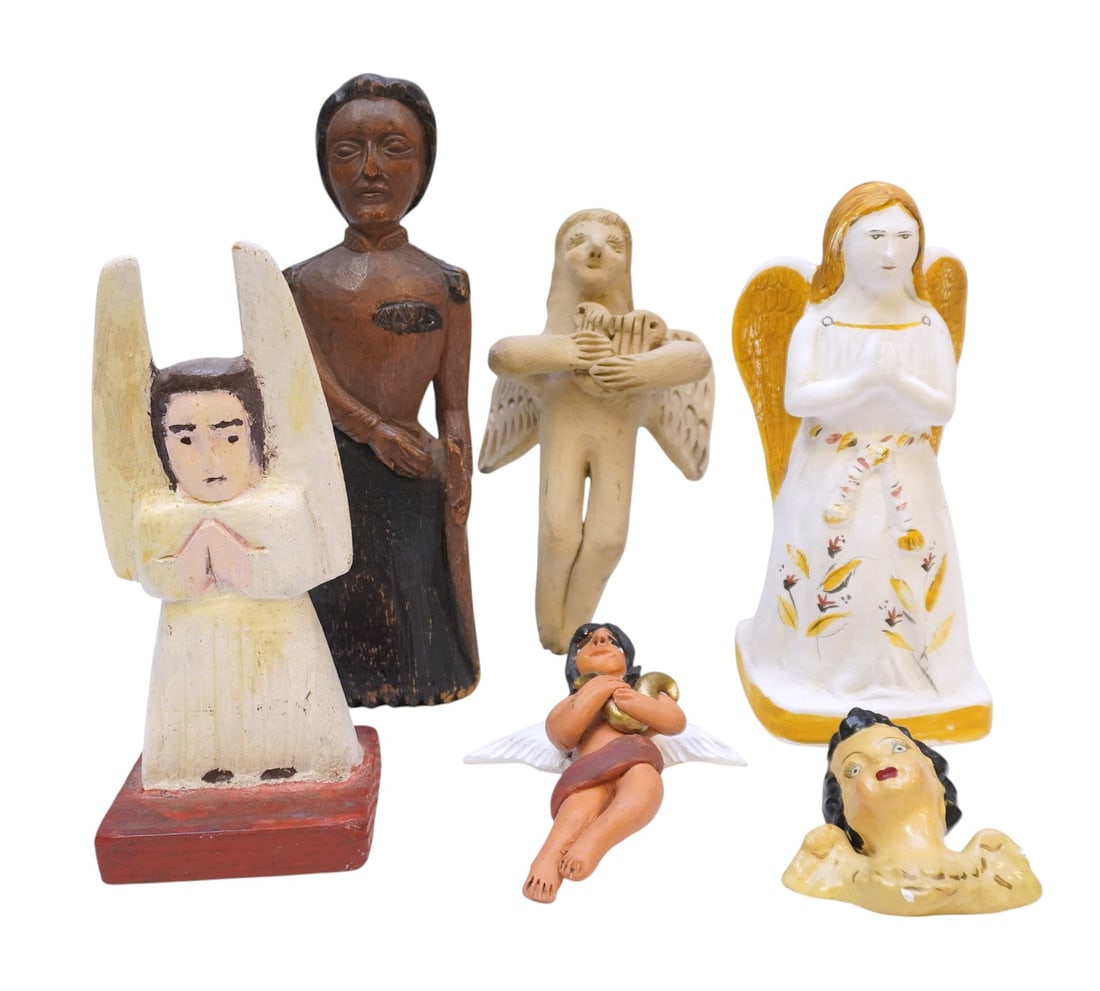 6 PIECES OF MEXICAN FOLK ART PIECES: 6 Pieces of Mexican Folk Art Pieces in different mediums. Largest is brown carved woman statue which measures 9.5" x 3" x 1.5", total lot weight is 1 lb 13 oz.