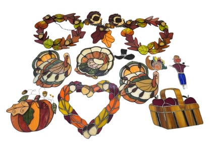 COLLECTION OF 14 VINTAGE FALL MOTIF STAINED GLASS SUNCATCHERS