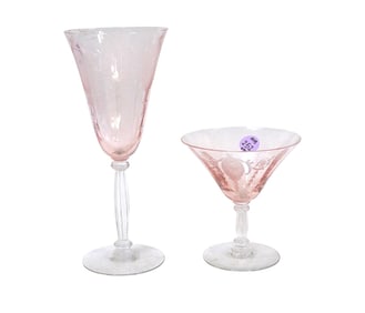 RARE TIFFIN-FRANCISCAN CLASSIC PINK ETCHED LOW SHERBET GLASS AND TALL WINE GLASS