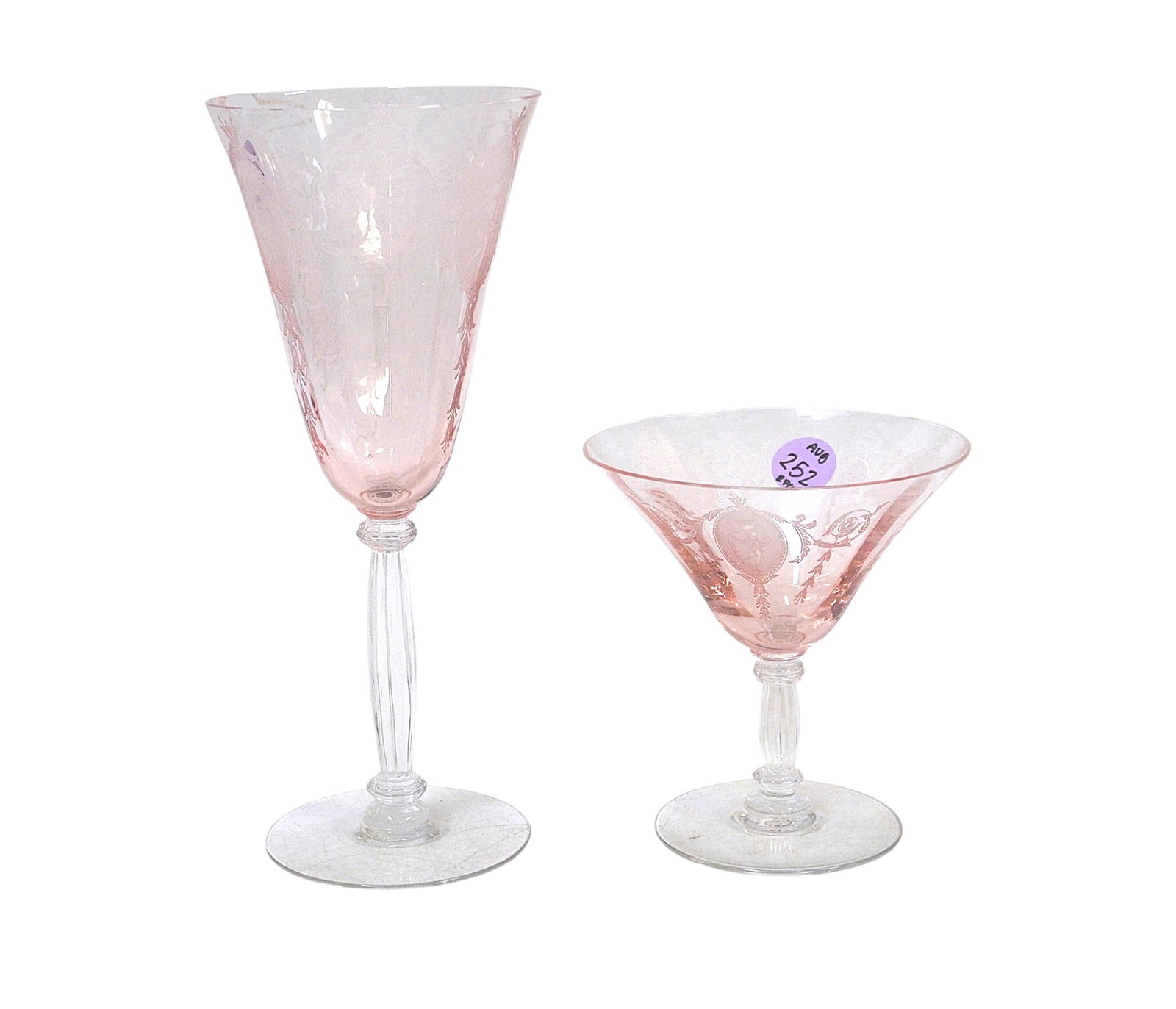 RARE TIFFIN-FRANCISCAN CLASSIC PINK ETCHED LOW SHERBET GLASS AND TALL WINE GLASS: Rare Tiffin-Franciscan Classic Pink Etched Low Sherbet and Tall Wine Glass. Low Sherbet measures about 4.5" x 4.25" in dia. and Tall Wine measures about 8" x 3.5" in dia. Total lot weight is 10.8 oz.