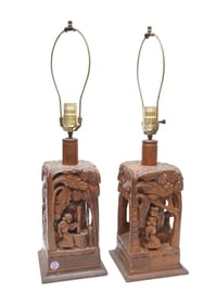 PAIR OF VINTAGE CARVED TEAKWOOD MCM LAMPS
