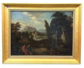 ANTIQUE OIL ON BOARD CLASSICAL LANDSCAPE WITH FIGURES