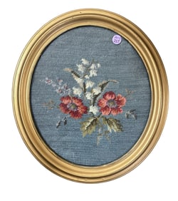 VICTORIAN NEEDLEPOINT FLORALS IN GILT FRAME
