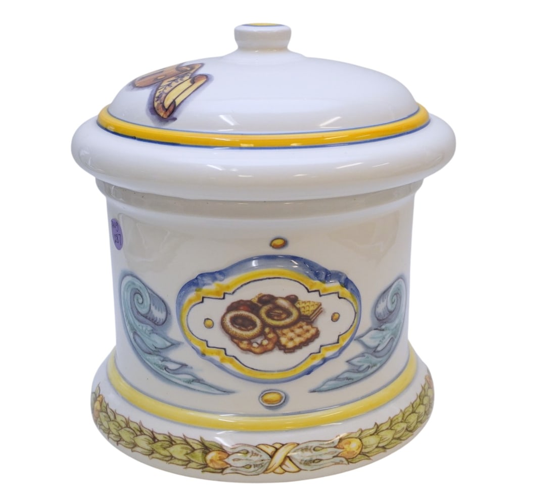 ITALIAN HAND PAINTED CASAFINA BISCOTTI JAR: Large Italian Hand Painted Casafina Biscotti Jar. Measures 9 1/4"x9 1/4"x10". Weight 4 lbs