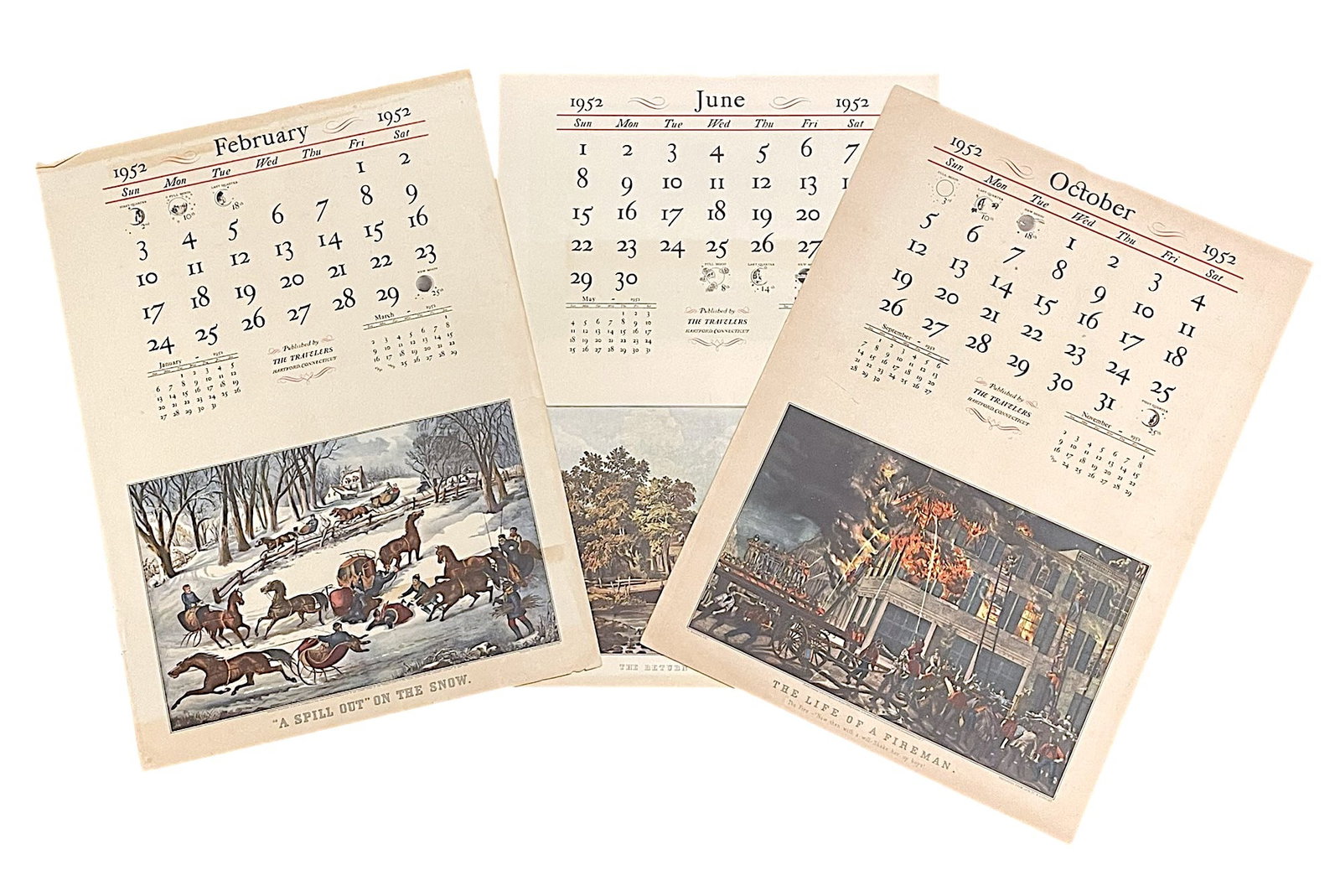 10 VINTAGE 1952 CURRIER & IVES TRAVELERS INS: 10 Vintage Prints Currier and Ives 1952 Travelers Insurance, Hartford CT. Each page 16"x22". Could Be rolled to ship or laid Flat. 1 lb .