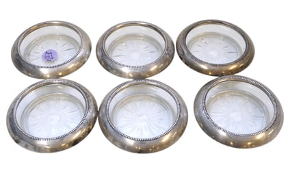SET OF 6 FRANK M. WHITING STERLING SILVER COASTERS W/ GLASS INSERTS