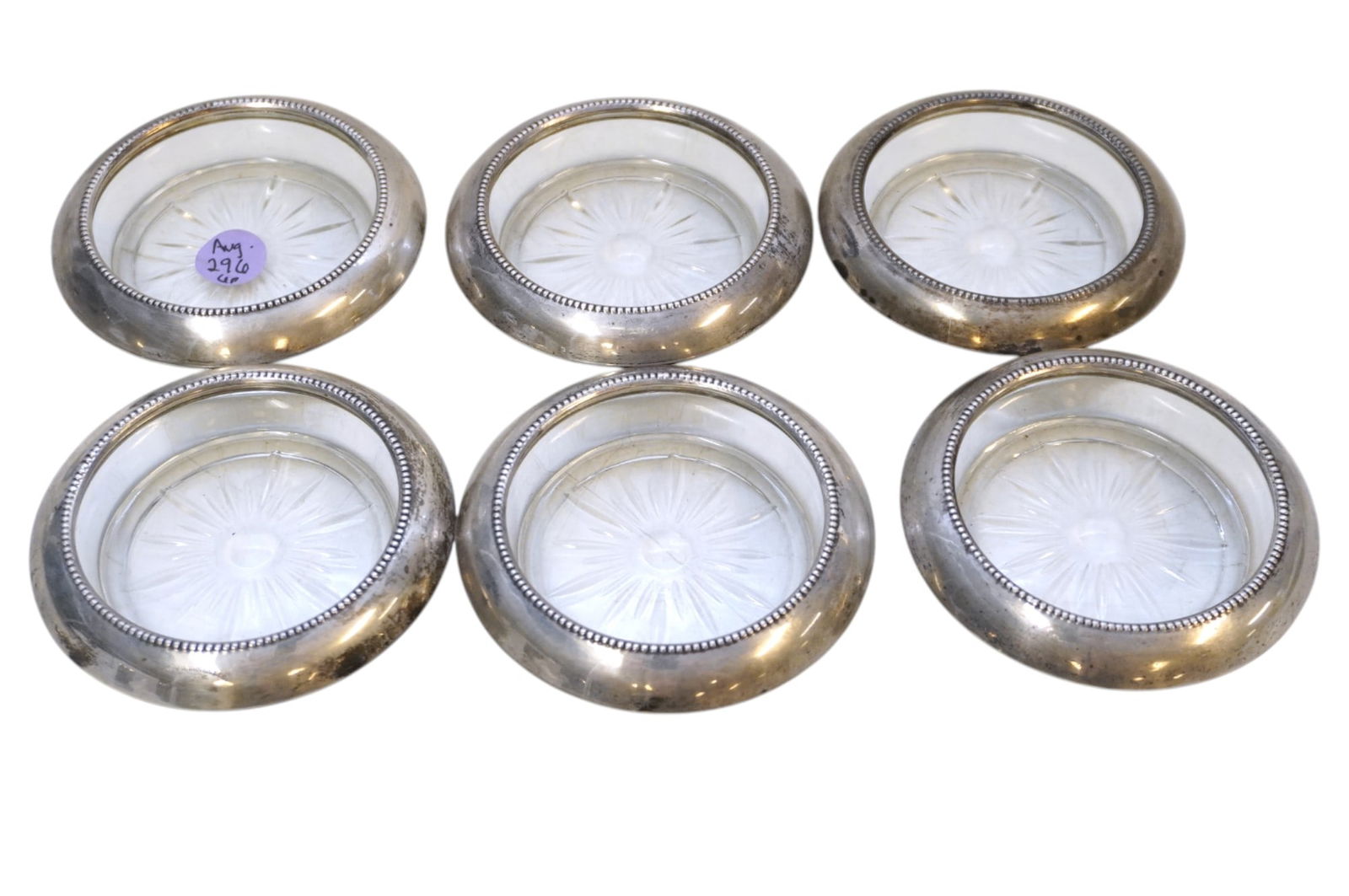 SET OF 6 FRANK M. WHITING STERLING SILVER COASTERS W/ GLASS INSERTS (1 of 3)