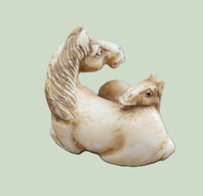 SIGNED ANTIQUE JAPANESE BONE NETSUKE MARE & FOAL