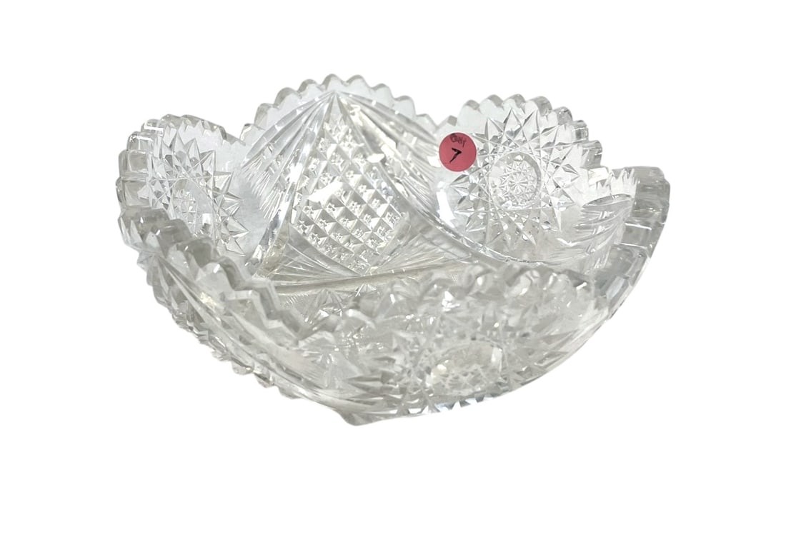 ANTIQUE AMERICAN BRILLIANT CUT GLASS BOWL: Antique American Brilliant Period Cut Glass Bowl, Hobstars, Diamonds and Rays. Measures 8"x8"x3.25. Weight 2 lbs 3 oz. PROVENANCE: The Perrin family, of French Huguenot origin, of Abbeville, Perrin Pl