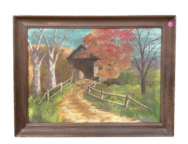 FALL COVERED BRIDGE 1945 OIL ON CANVAS SIGNED